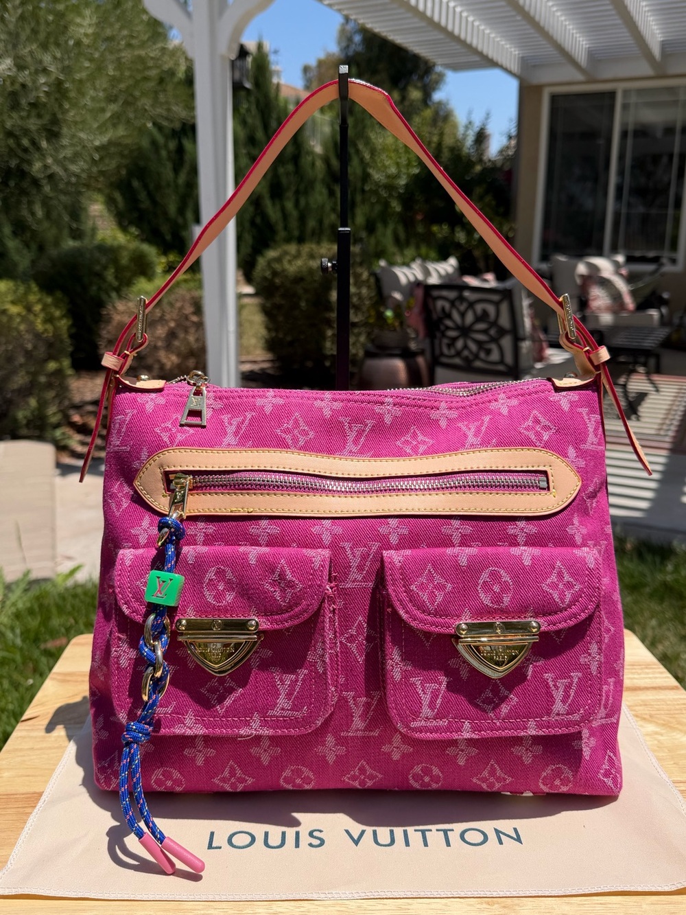 NEW LV Print Baggy Hot Pink Fuchsia Denim Monogram Large Shoulder Hobo Bag Gold